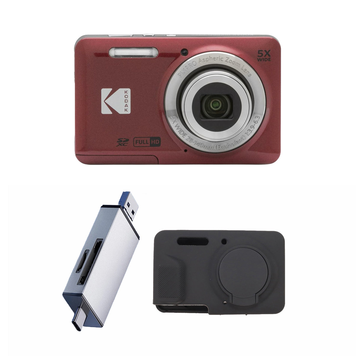 KODAK PIXPRO FZ55 Digital Camera, Red, Silver Card Reader, Black Silicone Case Bundle — image 1