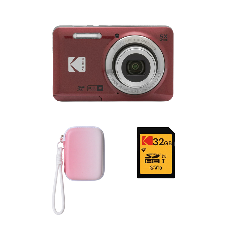 KODAK PIXPRO FZ55 Digital Camera, Red, Gradient Pink Strap Carry Case, 32GB SD Card Bundle - image 1