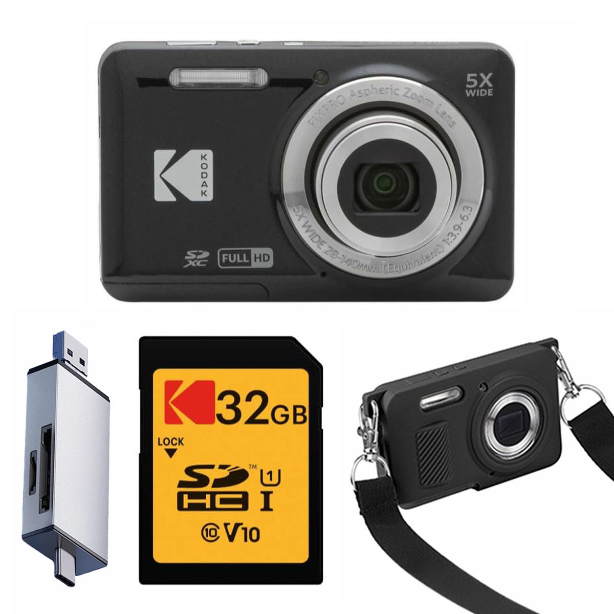 KODAK PIXPRO FZ55 Digital Camera, Black, 32GB SD Card, Silver Card Reader, Black Strap Silicone Case Bundle — image 1