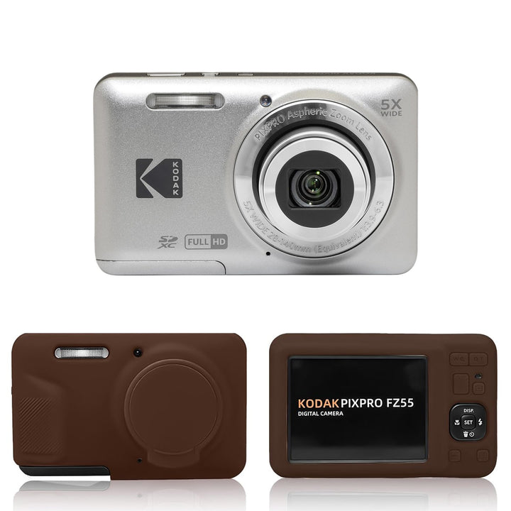 KODAK PIXPRO FZ55 Digital Camera, Silver, Brown Protective Shell Bundle