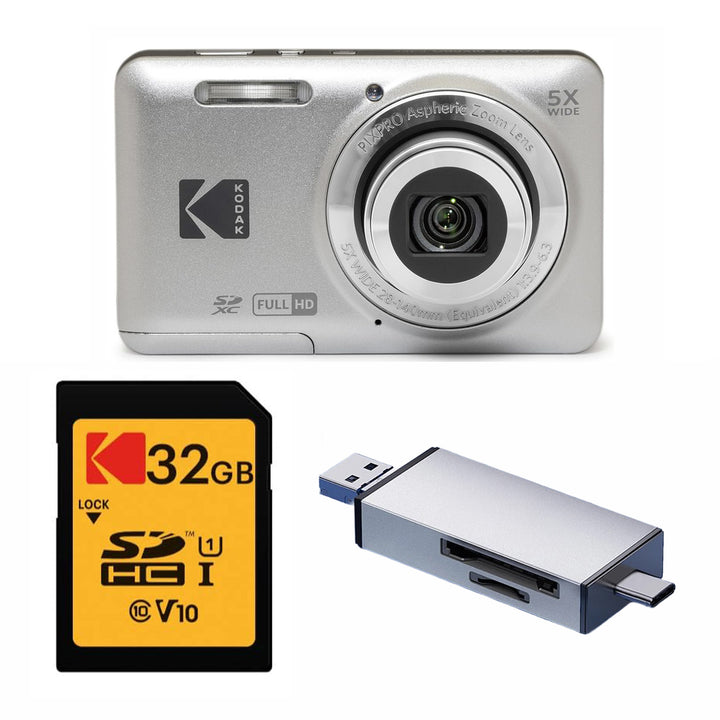 KODAK PIXPRO FZ55 Digital Camera, Silver, 32GB SD Card, Silver Card Reader Bundle