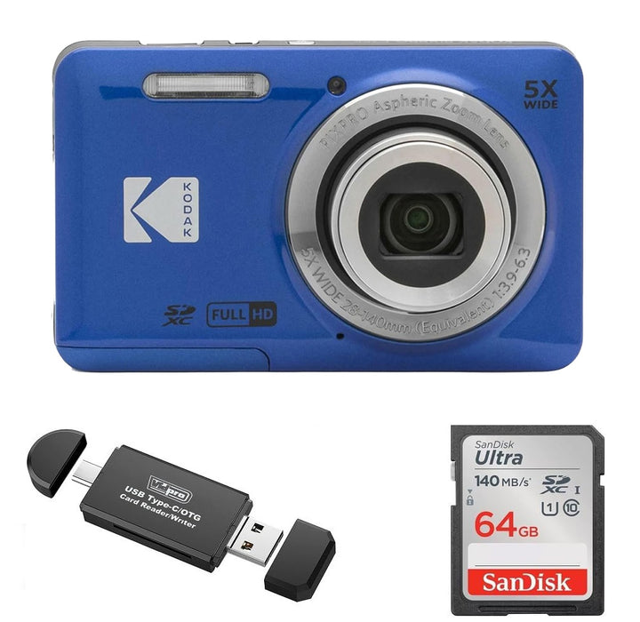 KODAK PIXPRO FZ55 Digital Camera, Blue, 64GB SD Card, Black Card Reader Bundle