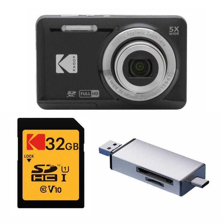 KODAK PIXPRO FZ55 Digital Camera, Black, 32GB SD Card, Silver Card Reader Bundle