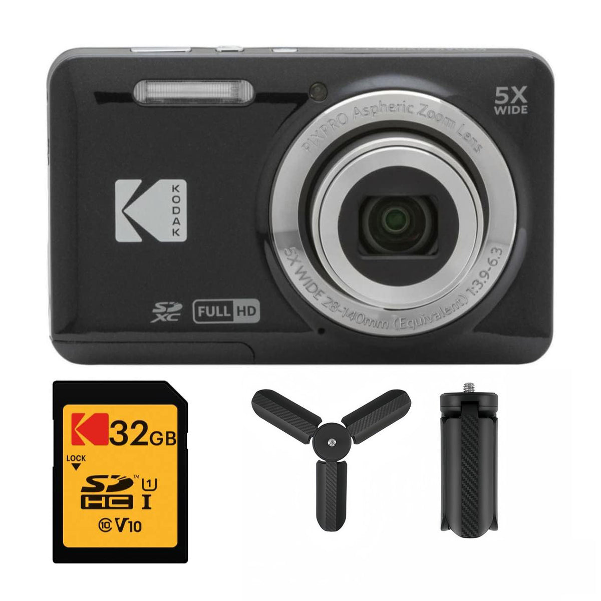 KODAK PIXPRO FZ55 Digital Camera, Black, 32GB SD Card, Mini Tripod Bundle — image 1