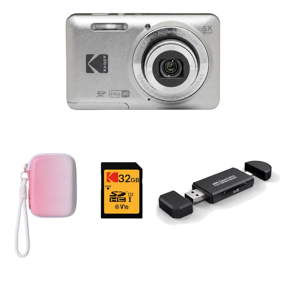 KODAK PIXPRO FZ55 Digital Camera, Silver, Gradient Pink Strap Carry Case, 32GB SD Card, 3-in-1 Card Reader Bundle - image 1