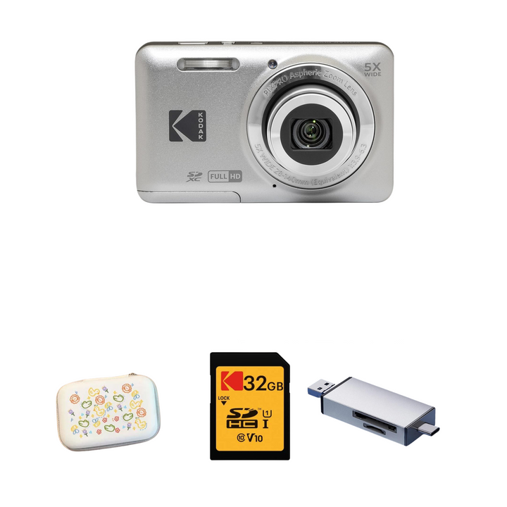 KODAK PIXPRO FZ55 Digital Camera, Silver, Speckled White Carry Case, 32GB SD Card, Silver Card Reader, Close-Up Style Bundle