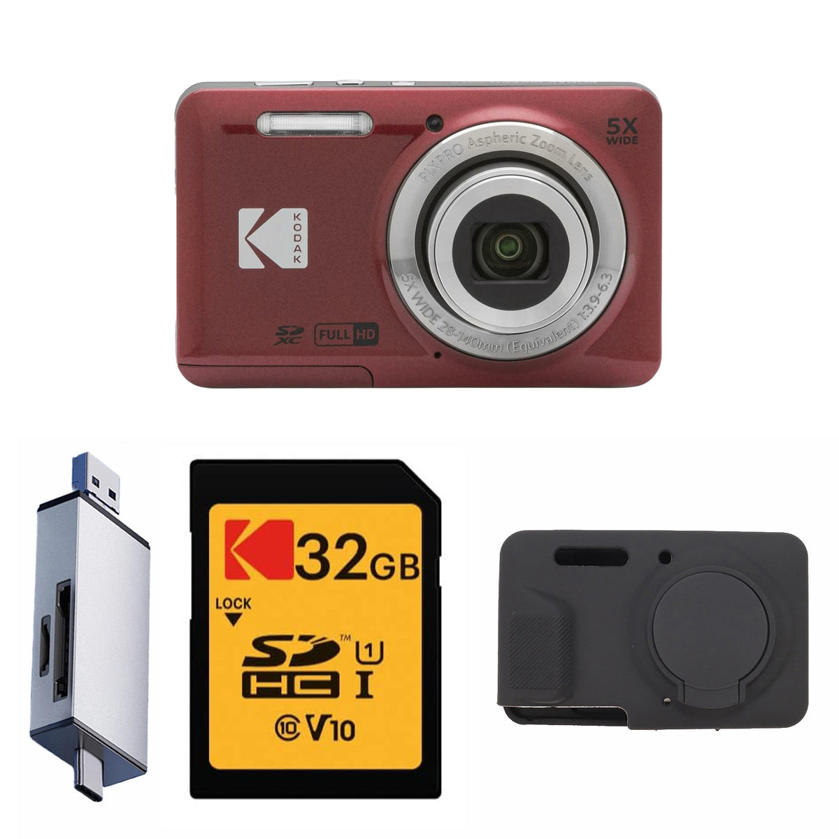 KODAK PIXPRO FZ55 Digital Camera, Red, 32GB SD Card, Silver Card Reader, Black Silicone Case Bundle — image 1