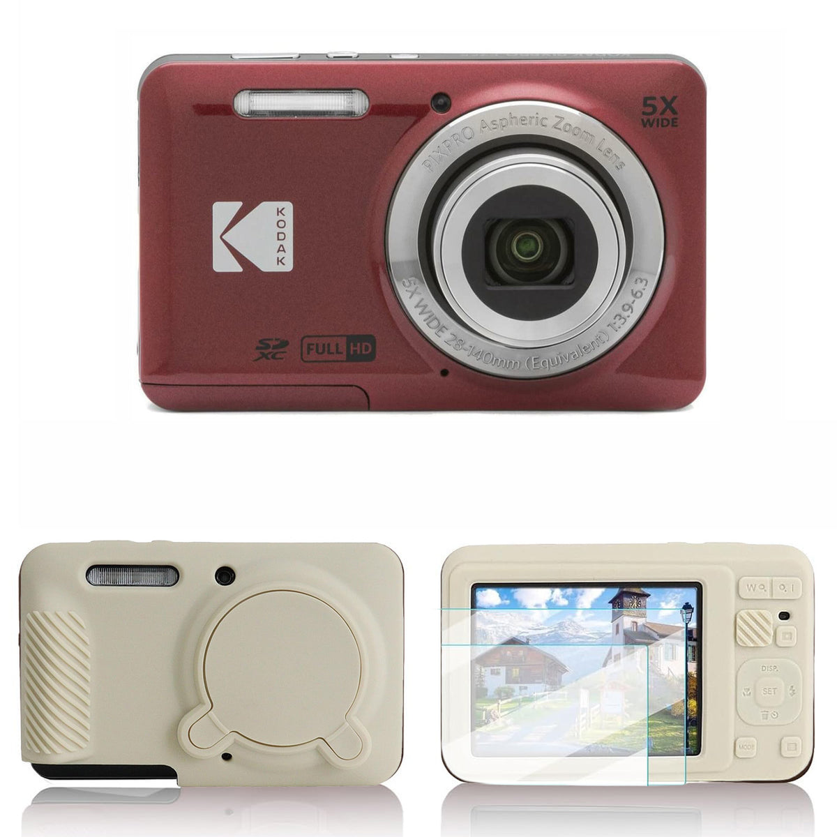 KODAK PIXPRO FZ55 Digital Camera, Red, Ivory Silicone Case Bundle — image 1