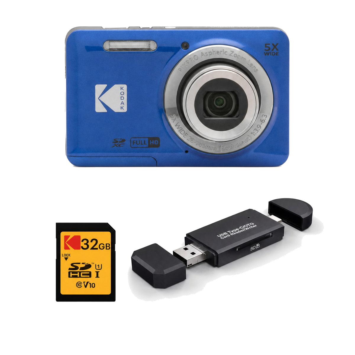 KODAK PIXPRO FZ55 Digital Camera, Blue, 32GB SD Card, 3-in-1 Card Reader Bundle - image 1