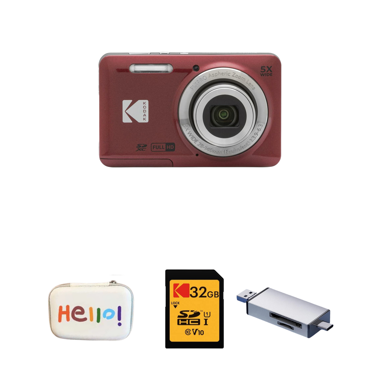 KODAK PIXPRO FZ55 Digital Camera, Red, Hello White Carry Case, 32GB SD Card, Silver Card Reader Bundle — image 1