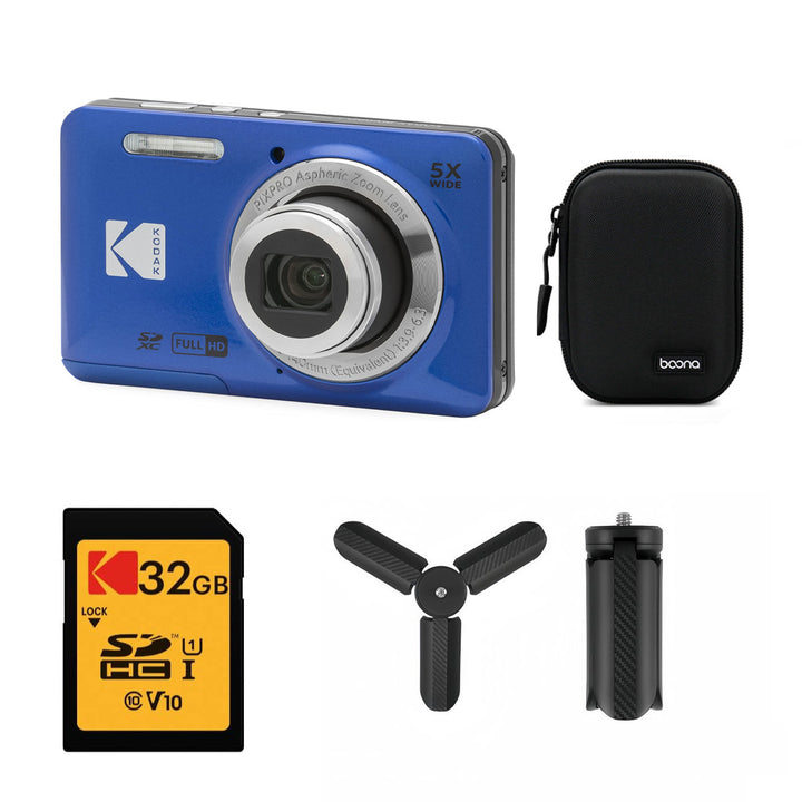 KODAK PIXPRO FZ55 Digital Camera, Blue, Black Carry Case, 32GB SD Card, Mini Tripod Bundle