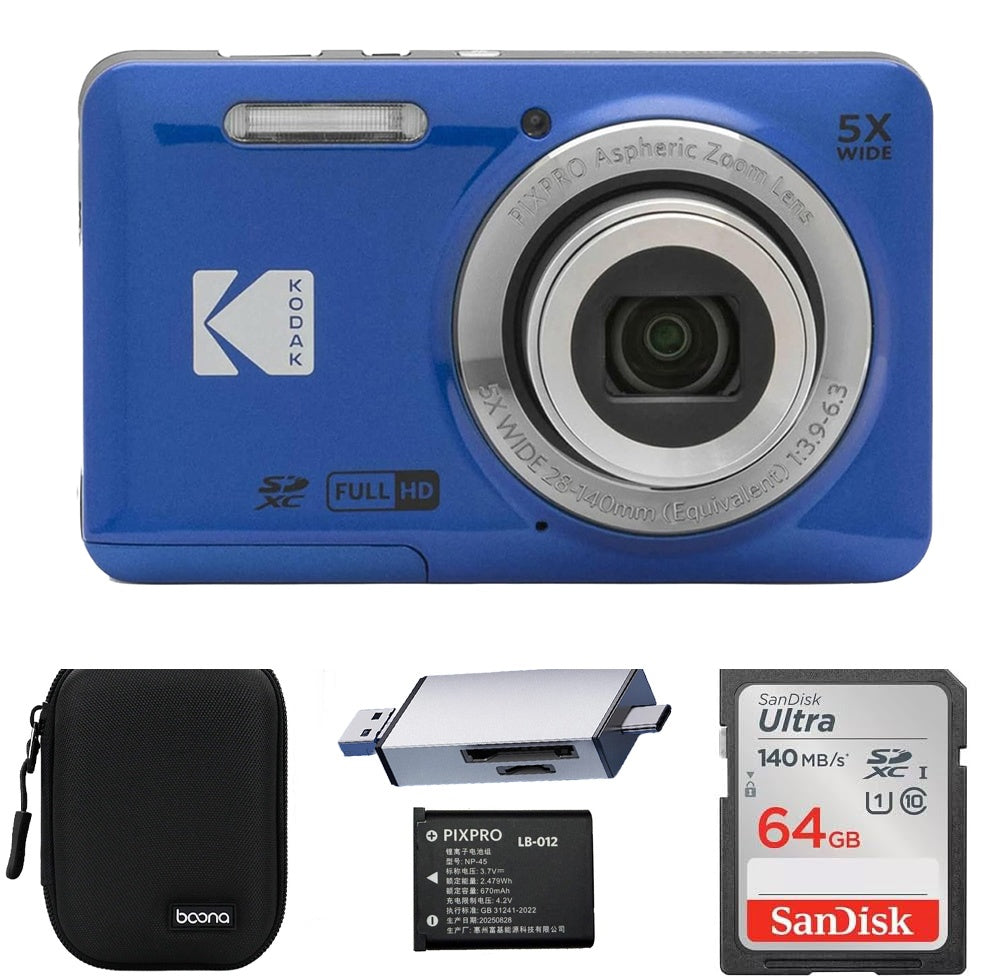 KODAK PIXPRO FZ55 Digital Camera, Blue, Black Carry Case, 64GB SD Card, Silver Card Reader, Solid Style, Extra Battery Bundle — image 1