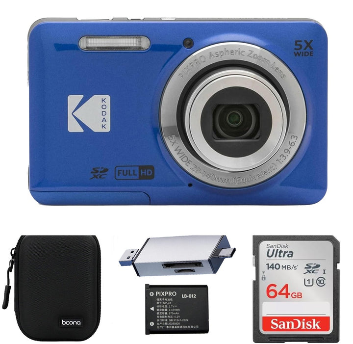 KODAK PIXPRO FZ55 Digital Camera, Blue, Black Carry Case, 64GB SD Card, Silver Card Reader, Solid Style, Extra Battery Bundle