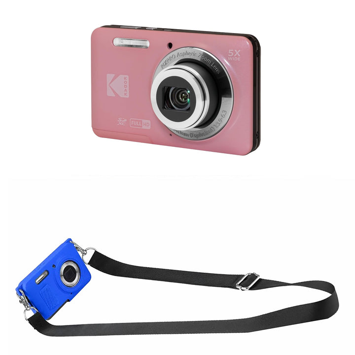 KODAK PIXPRO FZ55 Digital Camera, Pink, Blue Strap Silicone Case Bundle