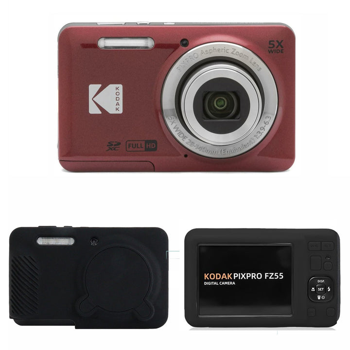 KODAK PIXPRO FZ55 Digital Camera, Red, Black Cat Silicone Case Bundle
