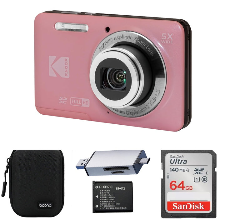 KODAK PIXPRO FZ55 Digital Camera, Pink, Black Carry Case, 64GB SD Card, Silver Card Reader, Solid Style, Extra Battery Bundle