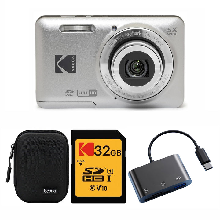 KODAK PIXPRO FZ55 Digital Camera, Silver, Black Carry Case, 32GB SD Card, Dark Gray Card Reader Bundle