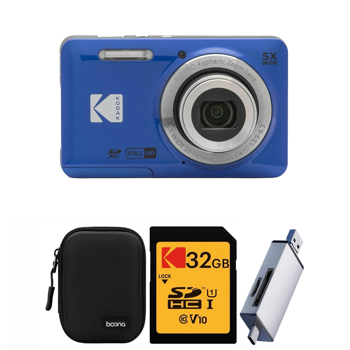 KODAK PIXPRO FZ55 Digital Camera, Blue, Black Carry Case, 32GB SD Card, Silver Card Reader Bundle — image 1
