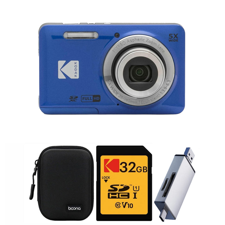 KODAK PIXPRO FZ55 Digital Camera, Blue, Black Carry Case, 32GB SD Card, Silver Card Reader Bundle