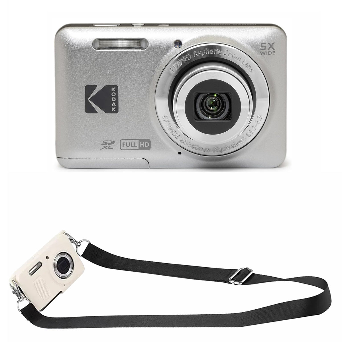 KODAK PIXPRO FZ55 Digital Camera, Silver, White Strap Silicone Case Bundle — image 1