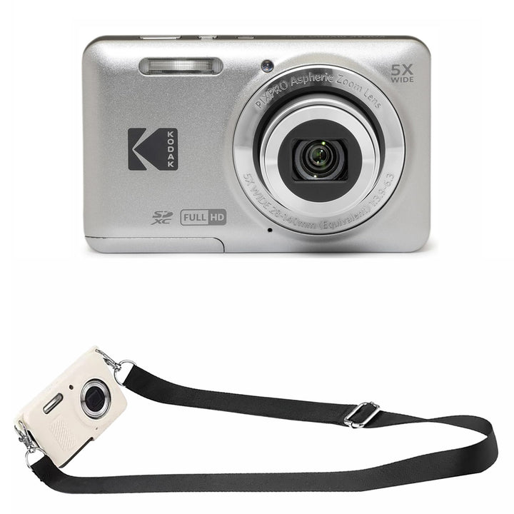 KODAK PIXPRO FZ55 Digital Camera, Silver, White Strap Silicone Case Bundle