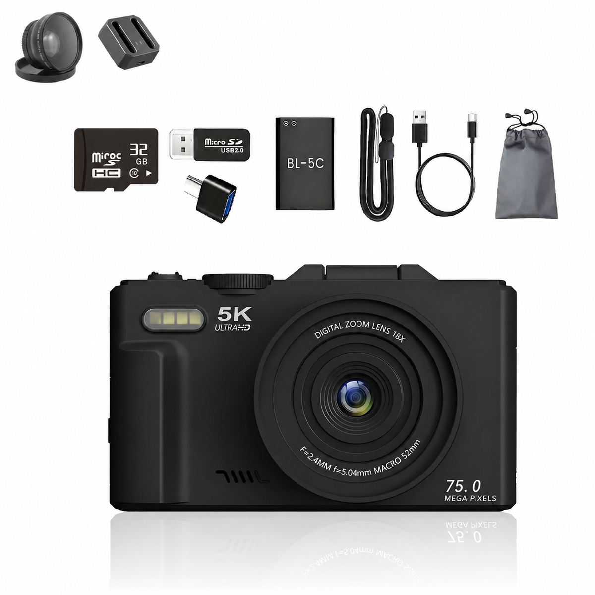 FLATIC Compact Digital Camera, Black, 32GB SD Card - image 1