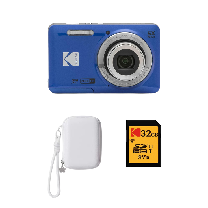 KODAK PIXPRO FZ55 Digital Camera, Blue, Ivory Strap Carry Case, 32GB SD Card Bundle - image 1