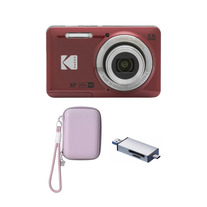 KODAK PIXPRO FZ55 Digital Camera, Red, Lilac Strap Carry Case, Silver Card Reader Bundle - image 1