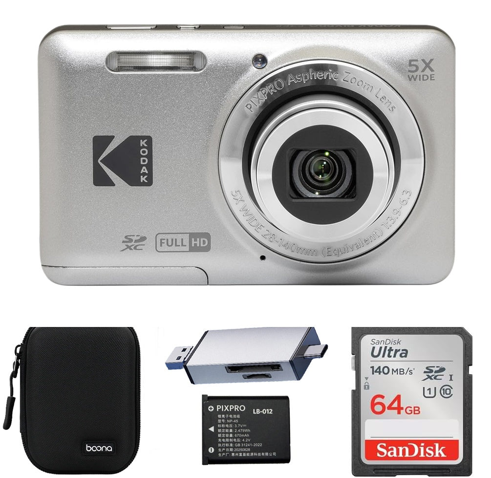 KODAK PIXPRO FZ55 Digital Camera, Silver, Black Carry Case, 64GB SD Card, Silver Card Reader, Solid Style, Extra Battery Bundle — image 1