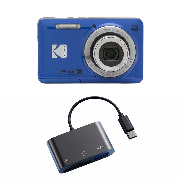 KODAK PIXPRO FZ55 Digital Camera, Blue, Dark Gray Card Reader Bundle