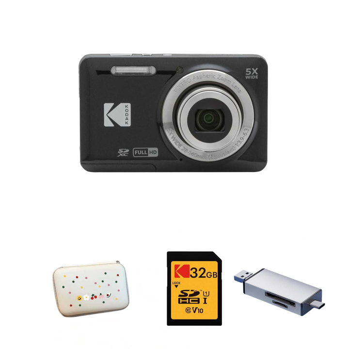 KODAK PIXPRO FZ55 Digital Camera, Black, Speckled White Carry Case, 32GB SD Card, Silver Card Reader Bundle