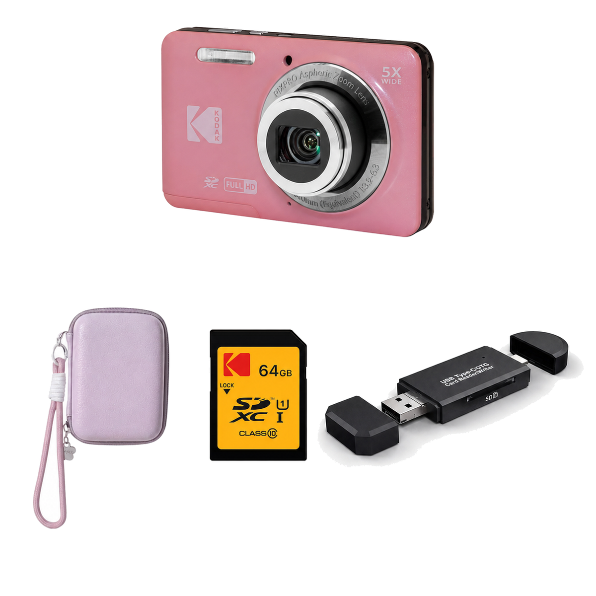 KODAK PIXPRO FZ55 Digital Camera, Pink, Lilac Strap Carry Case, 64GB SD Card, 3-in-1 Card Reader Bundle - image 1