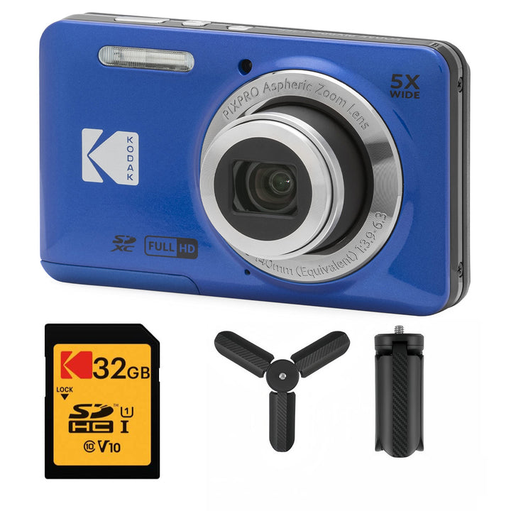 KODAK PIXPRO FZ55 Digital Camera, Blue, 32GB SD Card, Mini Tripod Bundle