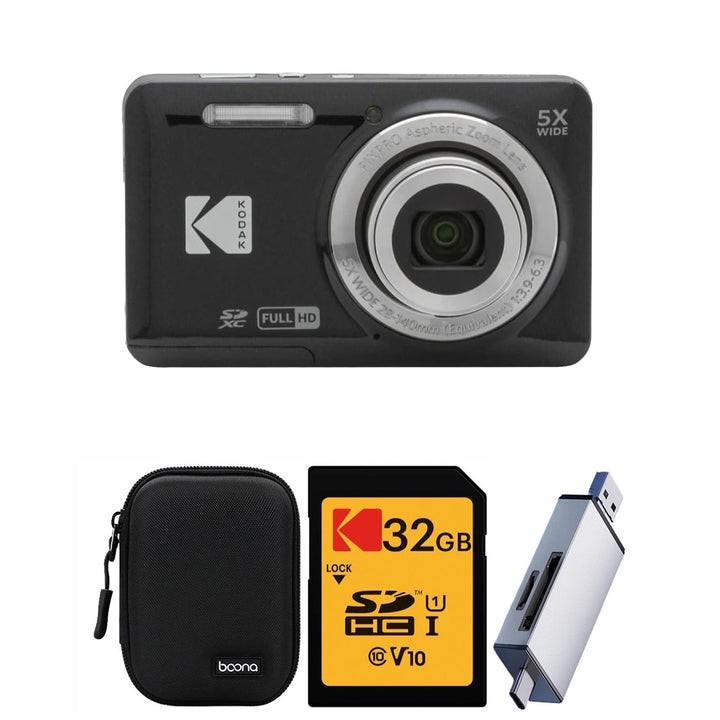 KODAK PIXPRO FZ55 Digital Camera, Black, Black Carry Case, 32GB SD Card, Silver Card Reader Bundle