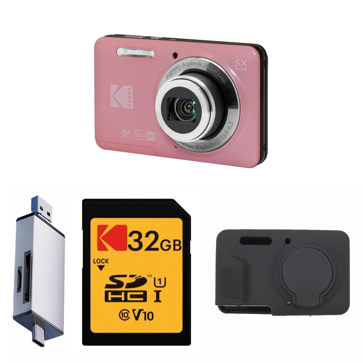 KODAK PIXPRO FZ55 Digital Camera, Pink, 32GB SD Card, Silver Card Reader, Black Silicone Case Bundle — image 1