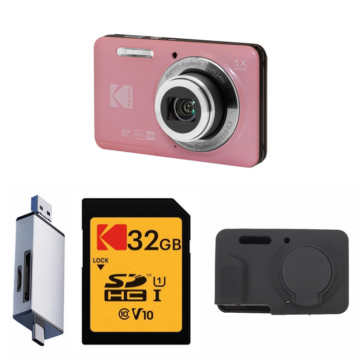 KODAK PIXPRO FZ55 Digital Camera, Pink, 32GB SD Card, Silver Card Reader, Black Silicone Case Bundle