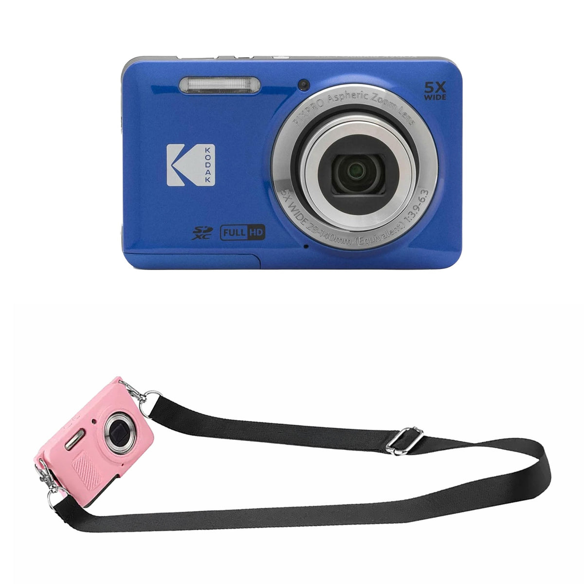 KODAK PIXPRO FZ55 Digital Camera, Blue, Pink Strap Silicone Case Bundle — image 1