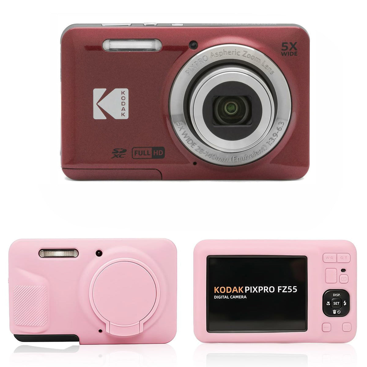 KODAK PIXPRO FZ55 Digital Camera, Red, Pink Silicone Case Bundle — image 1
