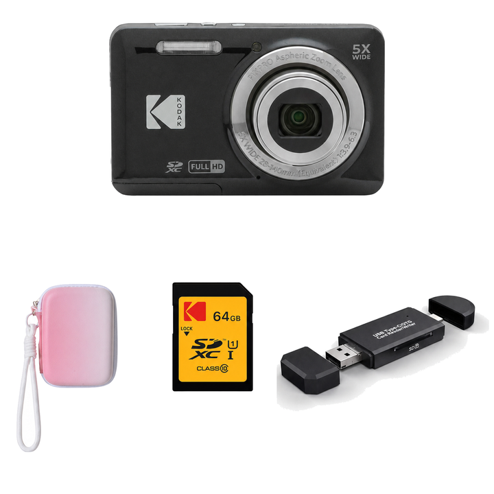 KODAK PIXPRO FZ55 Digital Camera, Black, Gradient Pink Strap Carry Case, 64GB SD Card, 3-in-1 Card Reader Bundle - image 1