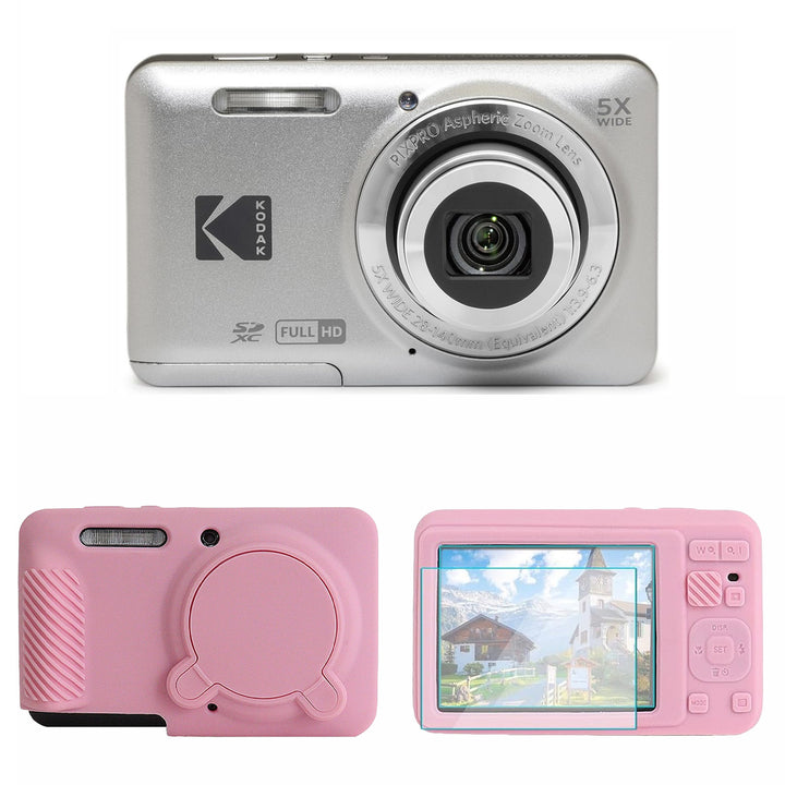 KODAK PIXPRO FZ55 Digital Camera, Silver, Pink Cat Silicone Case Bundle