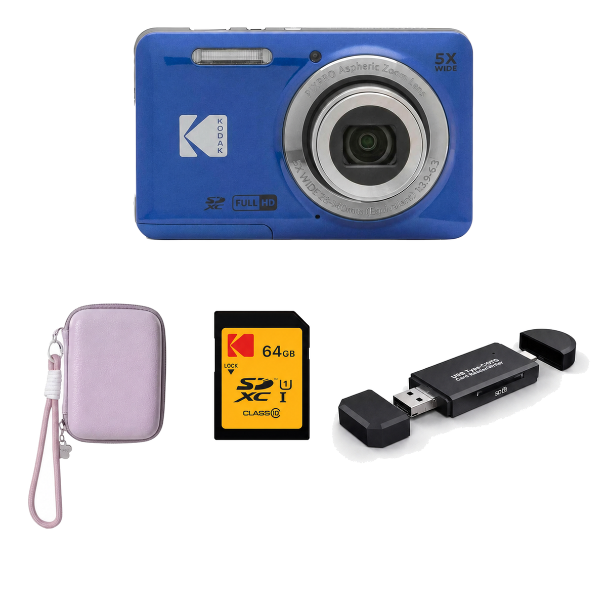 KODAK PIXPRO FZ55 Digital Camera, Blue, Lilac Strap Carry Case, 64GB SD Card, 3-in-1 Card Reader Bundle - image 1