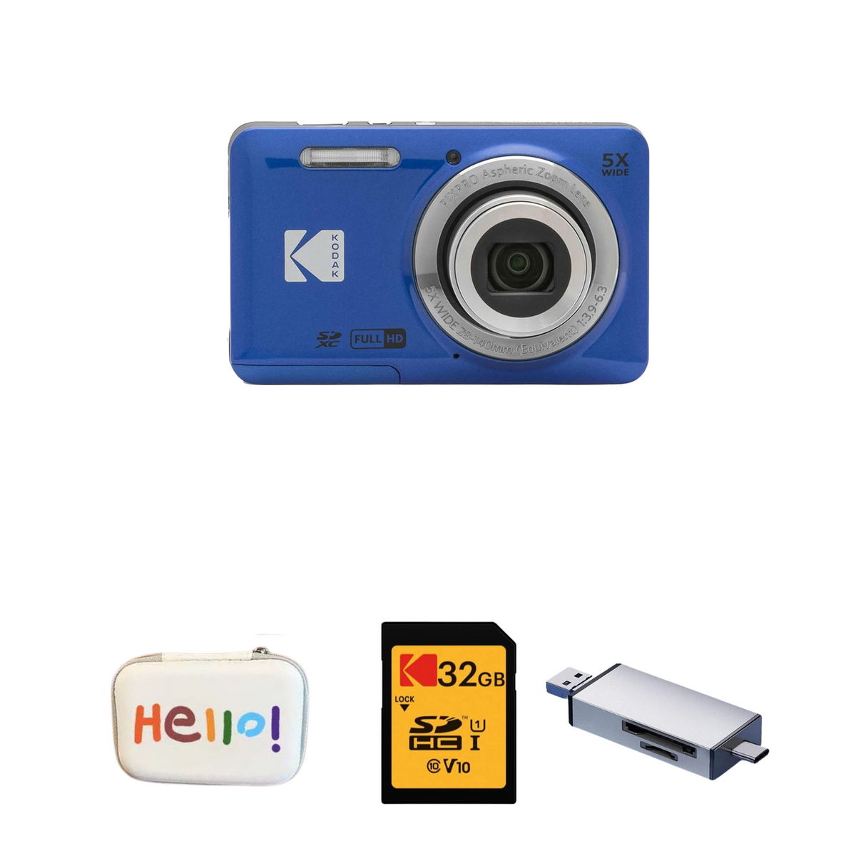 KODAK PIXPRO FZ55 Digital Camera, Blue, Hello White Carry Case, 32GB SD Card, Silver Card Reader Bundle — image 1