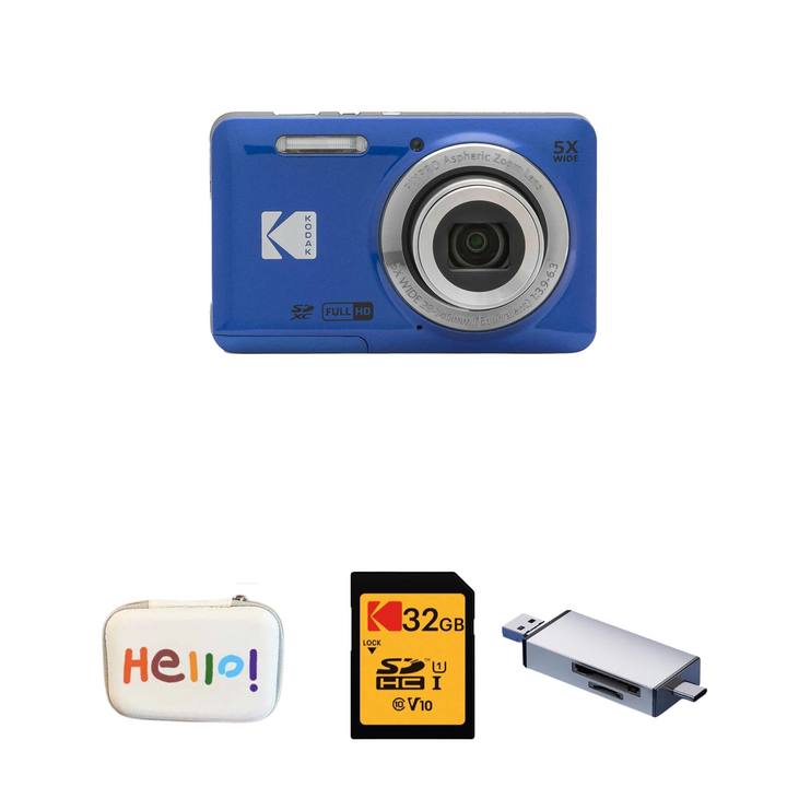 KODAK PIXPRO FZ55 Digital Camera, Blue, Hello White Carry Case, 32GB SD Card, Silver Card Reader Bundle