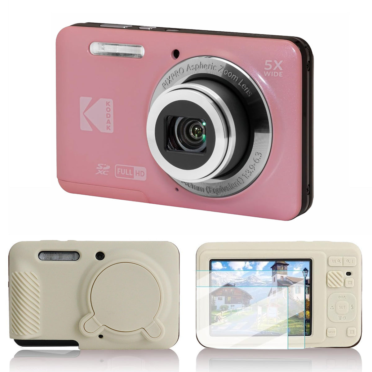 KODAK PIXPRO FZ55 Digital Camera, Pink, Ivory Silicone Case Bundle — image 1