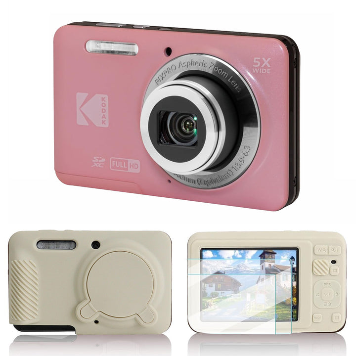 KODAK PIXPRO FZ55 Digital Camera, Pink, Ivory Silicone Case Bundle