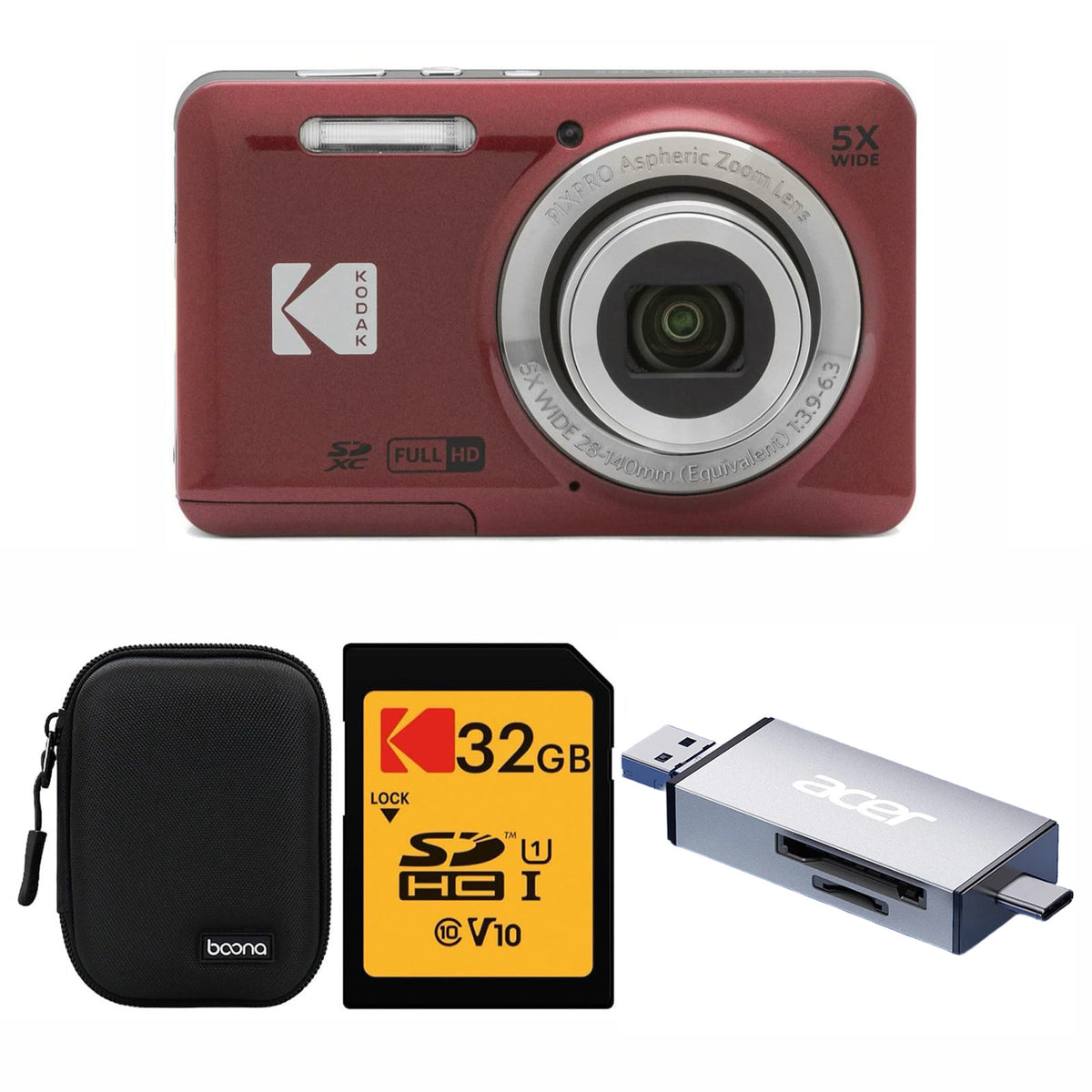 KODAK PIXPRO FZ55 Digital Camera, Red, Black Carry Case, 32GB SD Card, Silver Card Reader, Ace Style Bundle — image 1
