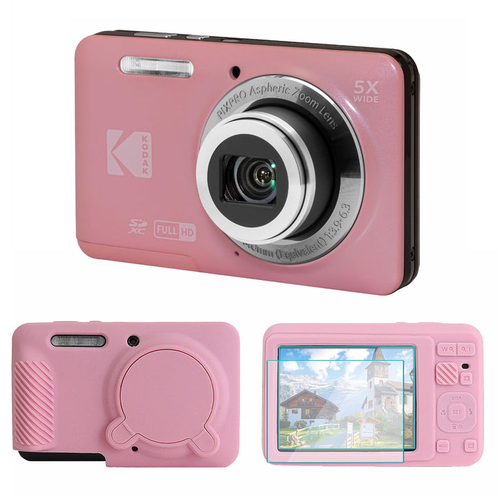 KODAK PIXPRO FZ55 Digital Camera, Pink, Pink Cat Silicone Case Bundle