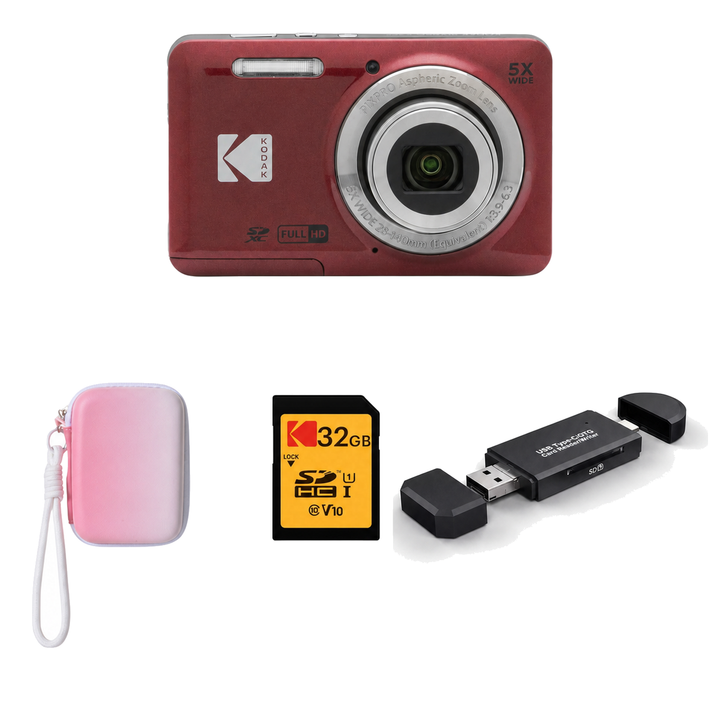 KODAK PIXPRO FZ55 Digital Camera, Red, Gradient Pink Strap Carry Case, 32GB SD Card, 3-in-1 Card Reader Bundle - image 1