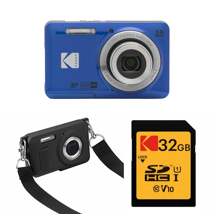 KODAK PIXPRO FZ55 Digital Camera, Blue, 32GB SD Card, Black Strap Silicone Case Bundle