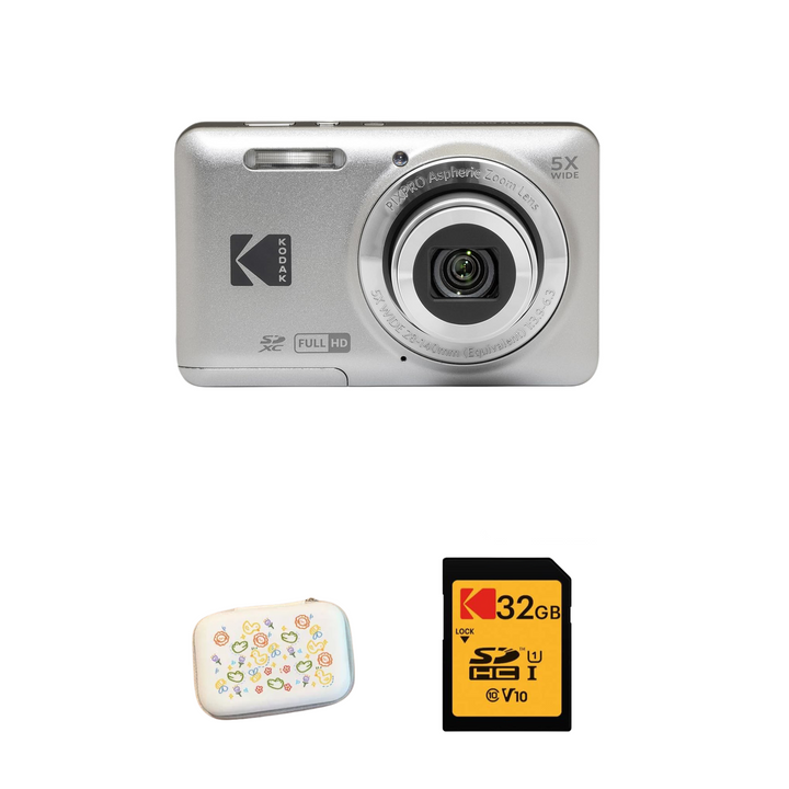 KODAK PIXPRO FZ55 Digital Camera, Silver, Speckled White Carry Case, 32GB SD Card Bundle